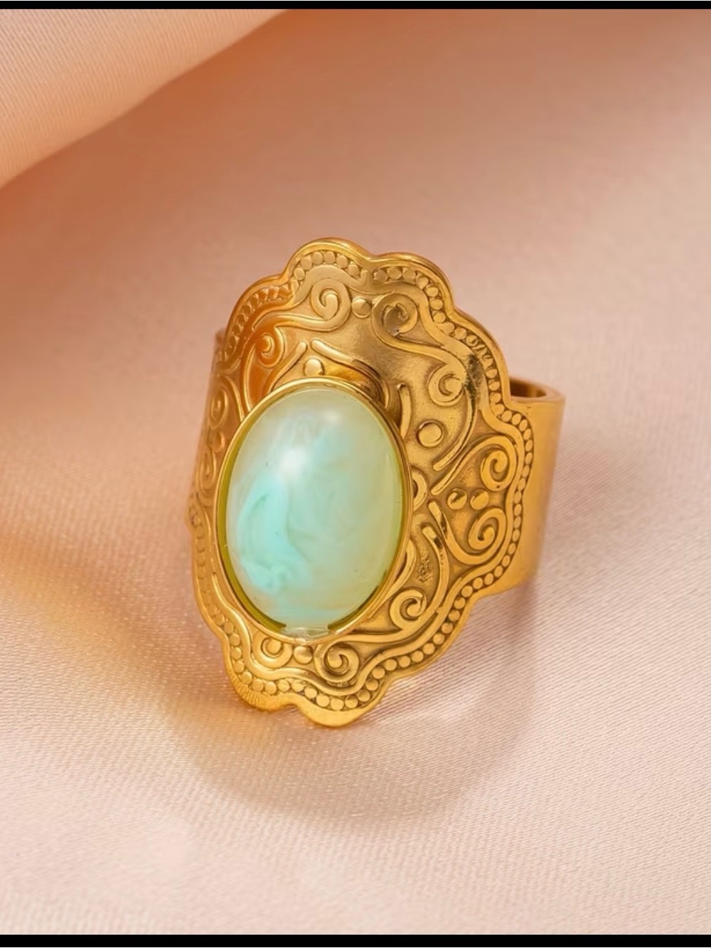 18k Gold plated Filigree Ring with Pale Aqua Opal Cabochon